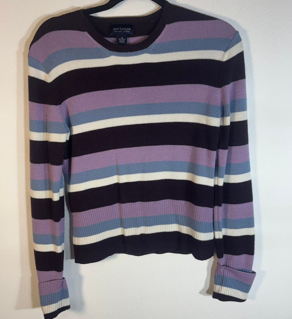 Ann Taylor Factory Sweater Women M Striped Wool Blend Purple Blue Y2K Preppy
